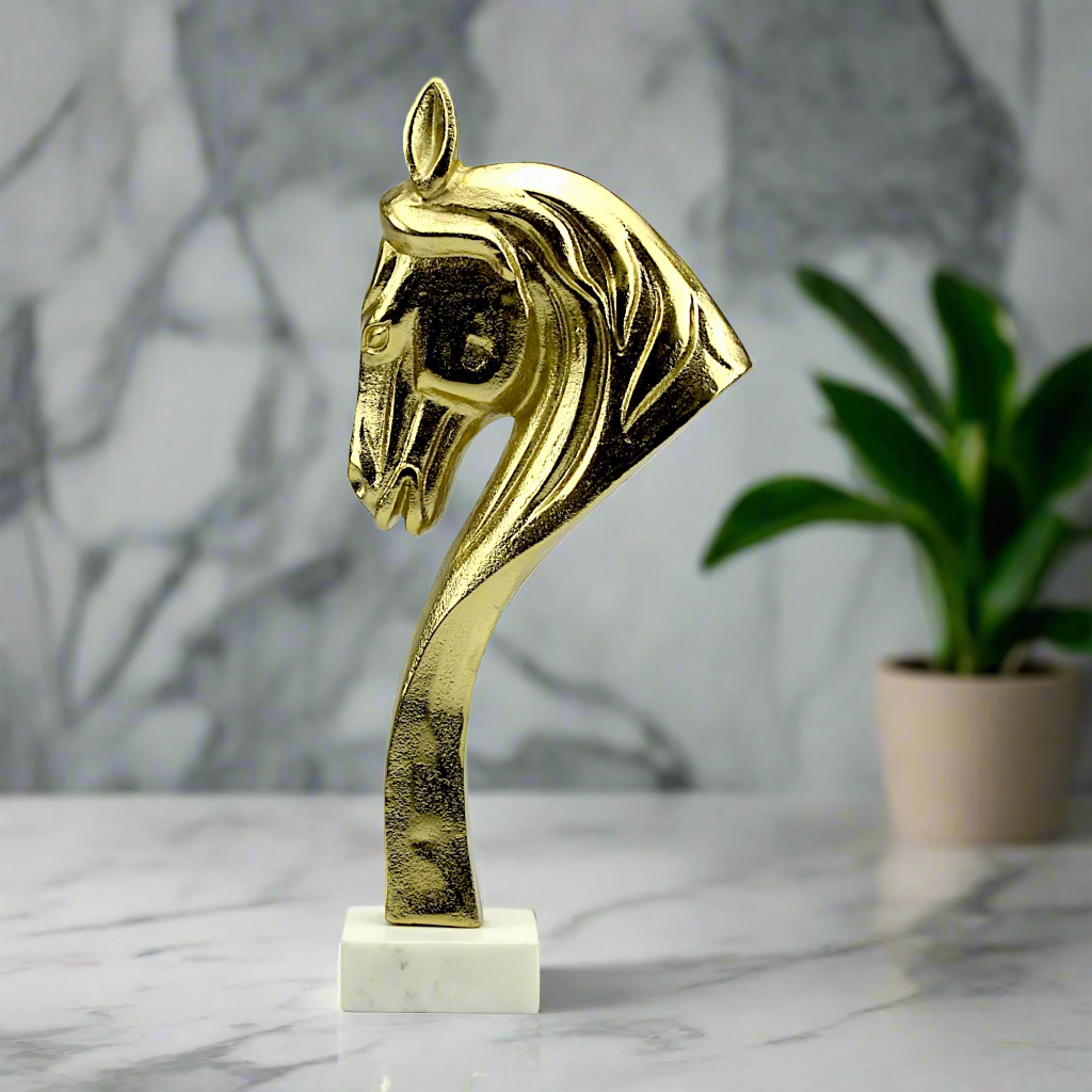 Handcrafted Golden Aluminum Horse Head Statue Figurine on Marble Base: Timeless Artistry for Home Decor