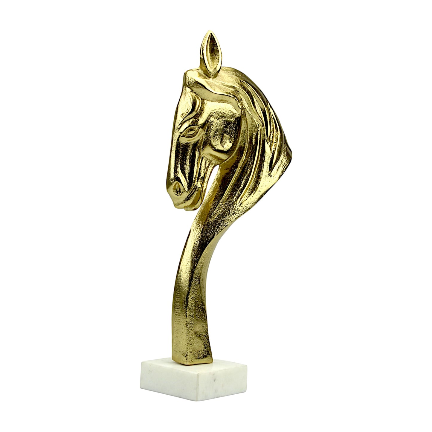 Handcrafted Golden Aluminum Horse Head Statue Figurine on Marble Base: Timeless Artistry for Home Decor