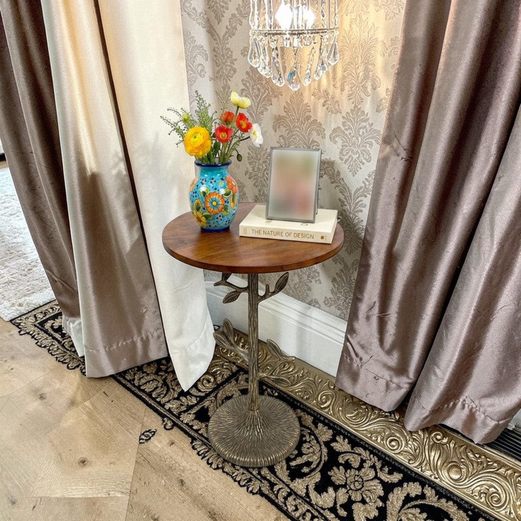 Tree Design Metal Base Side Table with Wooden Top (16 Inch Dia, 23 Inch Height) | Decorative Accent Table