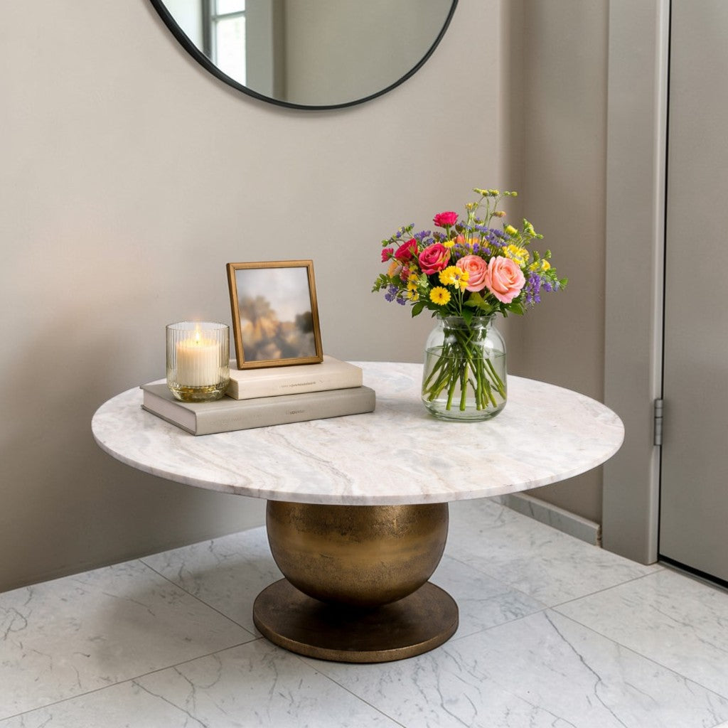 Luxury Marble Top Coffee Table with Metal Base (36 Inch Dia, 16.5 Inch Height) | Modern Center Table for Living Room