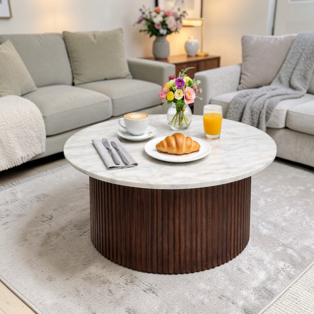 Modern Marble Top Coffee Table with Fluted Wooden Base (36 Inch Dia, 16.5 Inch Height) | Designer Center Table