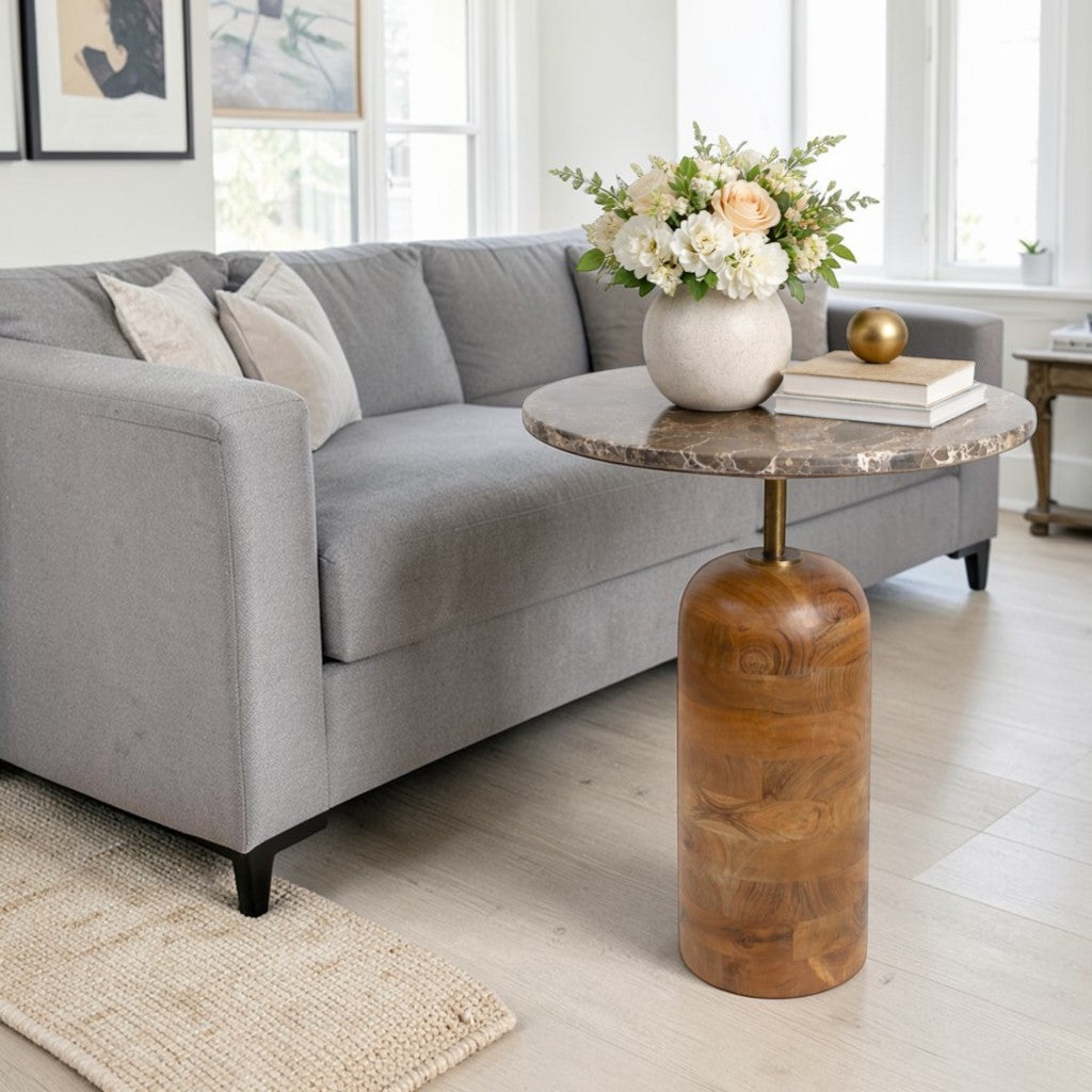 Marble Top Side Table with Wooden Base (18")