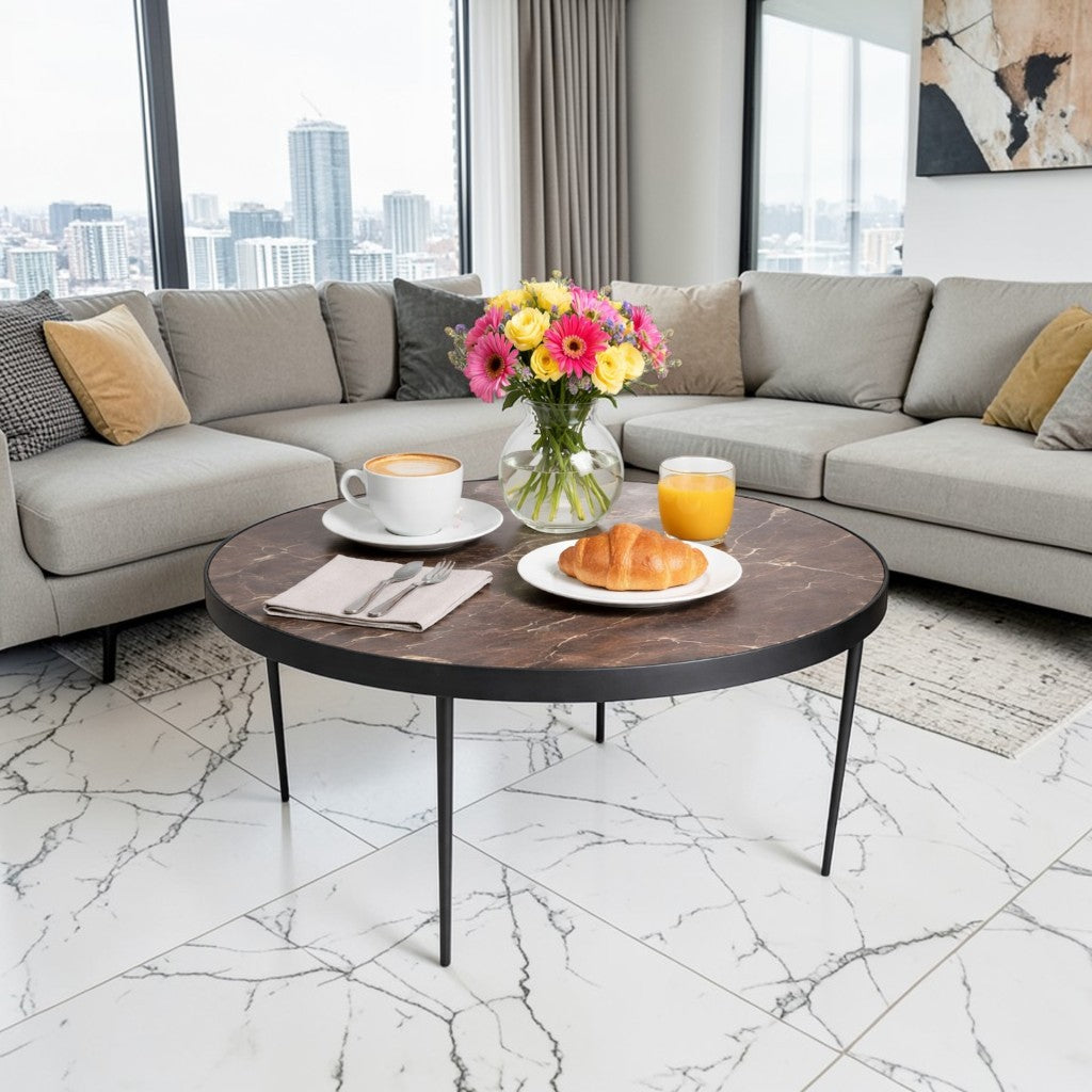 Large Round Marble Coffee Table with Metal Legs (32 x 16 Inch) | Modern Center Table for Living Room