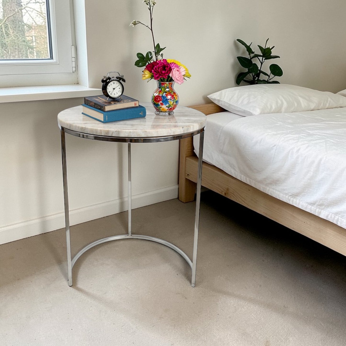 17.5 Inch Marble Top Side Table with Stainless Steel Frame | Modern Luxury Accent Table (23.5 Inch Height)