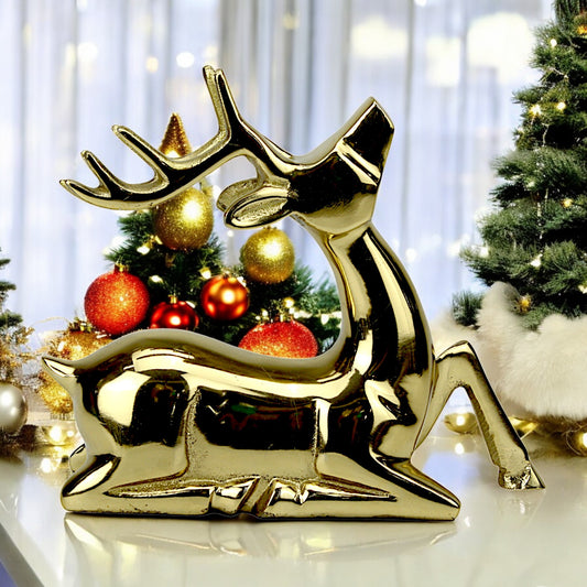 Golden Aluminum Handcrafted Sitting Deer – Elegant Christmas & Holiday Decor | Hind Decor