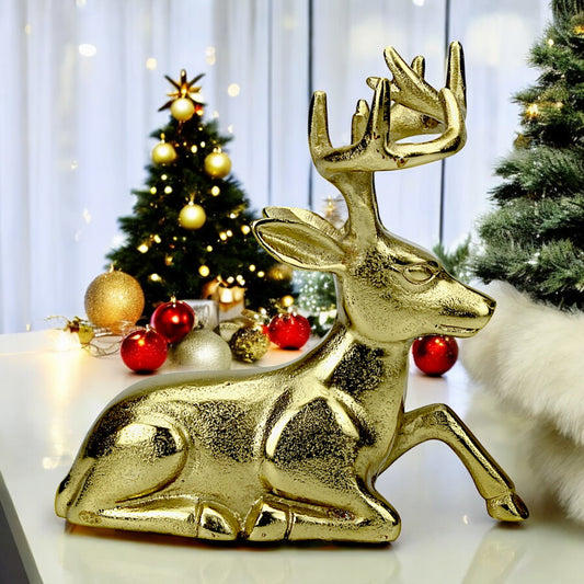 Golden Aluminum Handcrafted Sitting Deer – Elegant Christmas & Holiday Decor | Hind Decor