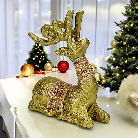 Golden Handcrafted Matty Design with Mosaic Finish Aluminum Sitting Deer – Elegant Christmas & Holiday Decor | Hind Decor