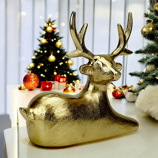 Golden Aluminum Handcrafted Sitting Deer – Elegant Christmas & Holiday Decor | Hind Decor