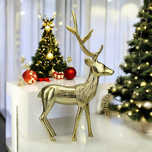 Golden Aluminum Handcrafted Christmas Minimalistic Standing Deer – Elegant Holiday Decor | Hind Decor