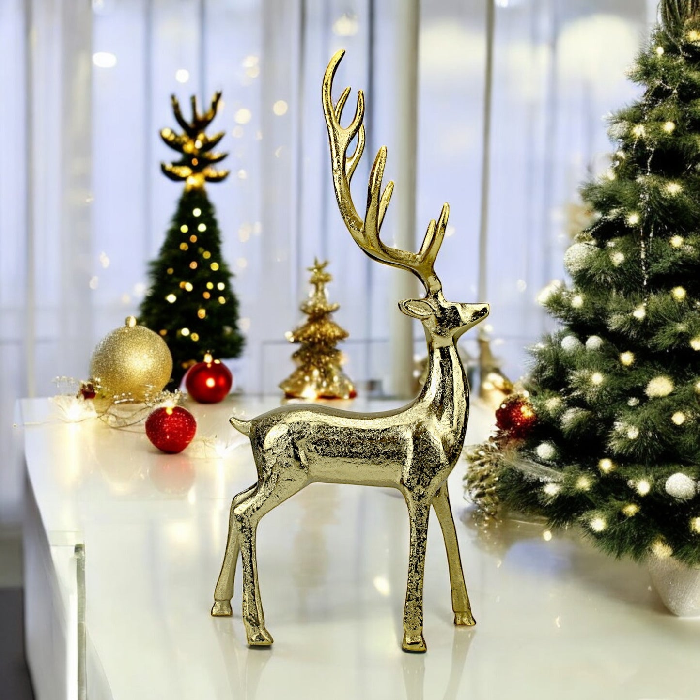 Golden Aluminum Handcrafted Christmas Minimalistic Standing Deer – Elegant Holiday Decor | Hind Decor