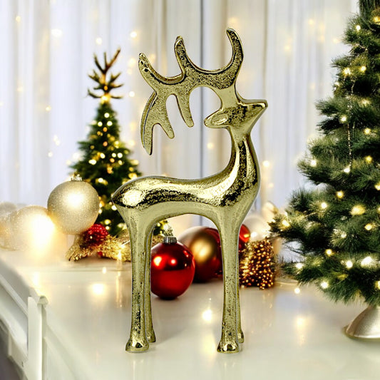 Golden Aluminum Handcrafted Christmas Minimalistic Standing Deer – Elegant Holiday Decor | Hind Decor