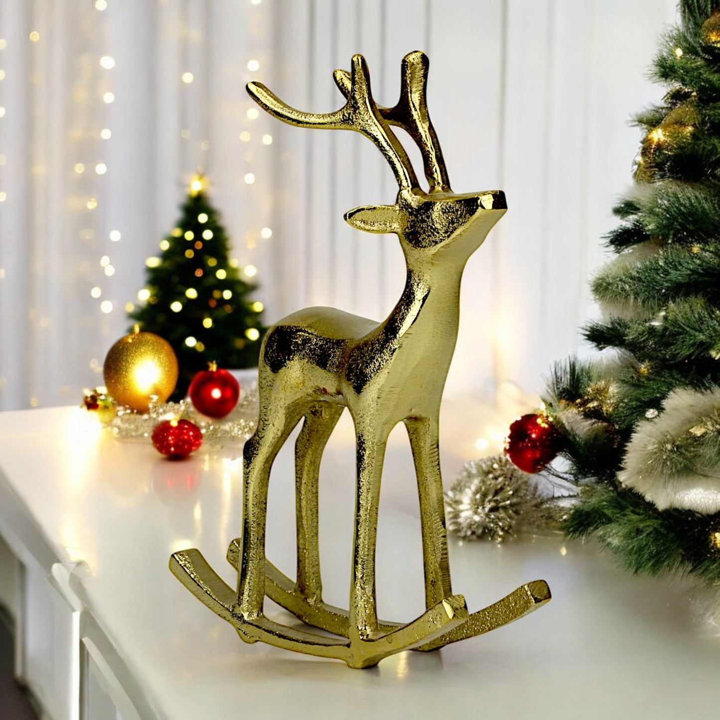 Golden Handcrafted Aluminum Christmas Deer on Rocking Base – Elegant Holiday Decor | Hind Decor