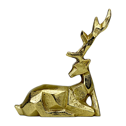 Golden Handcrafted Diamond Cut Design Aluminum Sitting Deer – Elegant Christmas & Holiday Decor | Hind Decor