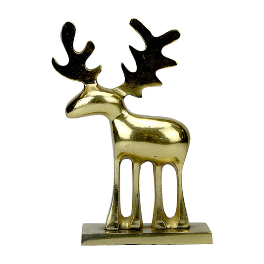Golden Handcrafted Aluminum Christmas Minimalistic Raindeer on Base – Elegant Holiday Decor | Hind Decor