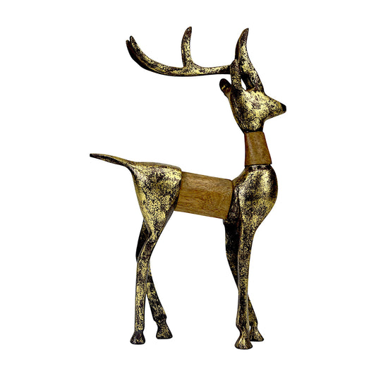 Golden Handcrafted Aluminum Christmas Reindeer with Wooden Finish on Back – Elegant Holiday Decor | Hind Decor