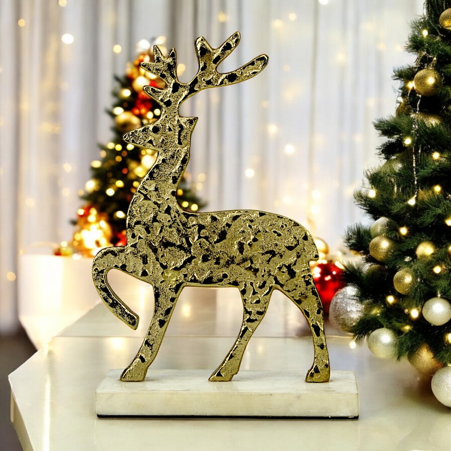 Golden Aluminum Christmas Decorative minimalitic Standing rain Deer on marvel base