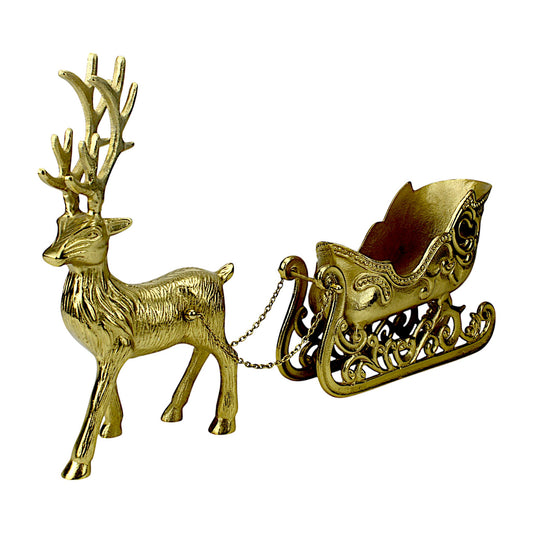 Golden Aluminum Handcrafted Christmas Reindeer with Buggy – Elegant Holiday Decor | Hind Decor
