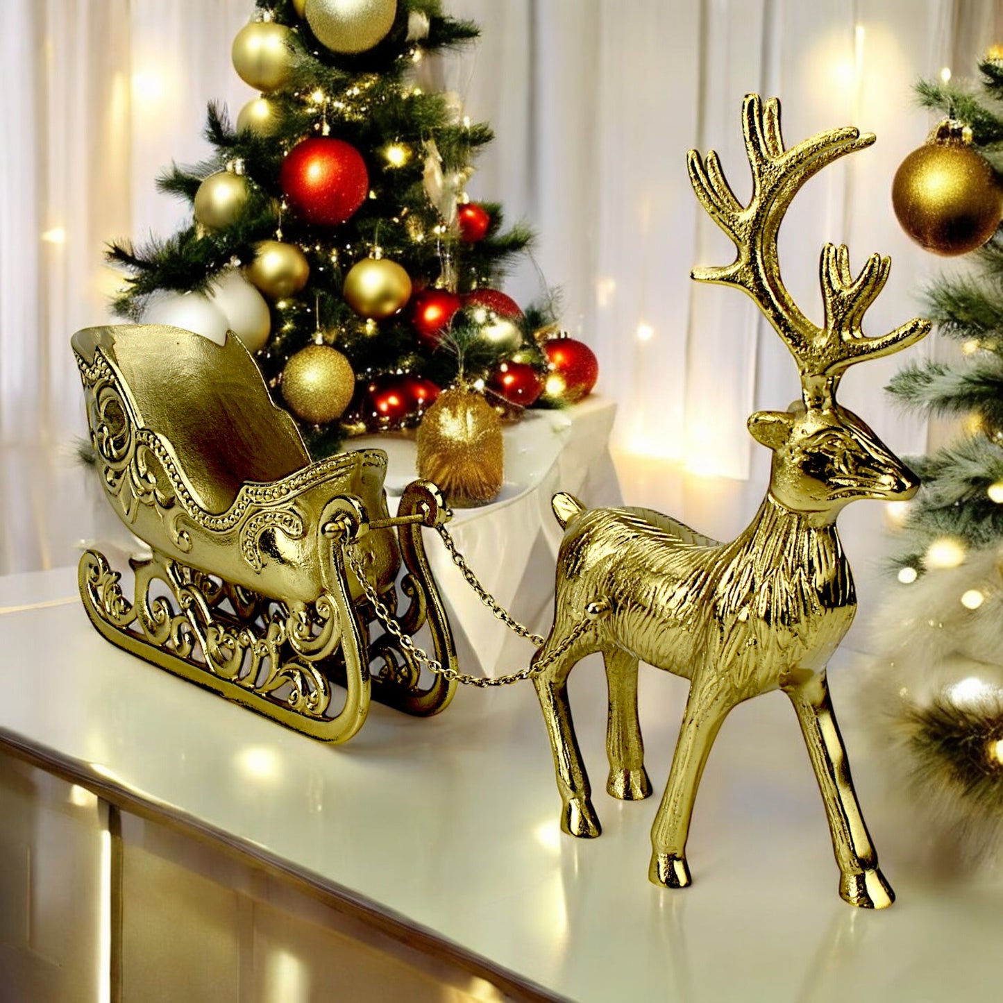 Golden Aluminum Handcrafted Christmas Reindeer with Buggy – Elegant Holiday Decor | Hind Decor