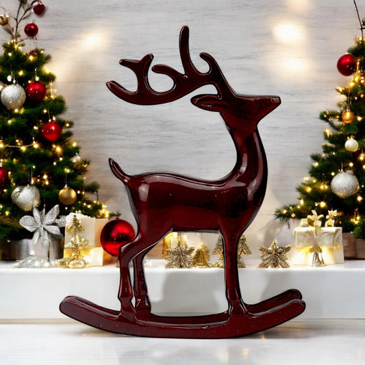 Dark Red Aluminum Handcrafted Reindeer on Rocking Base – Elegant Christmas Decor | Hind Decor