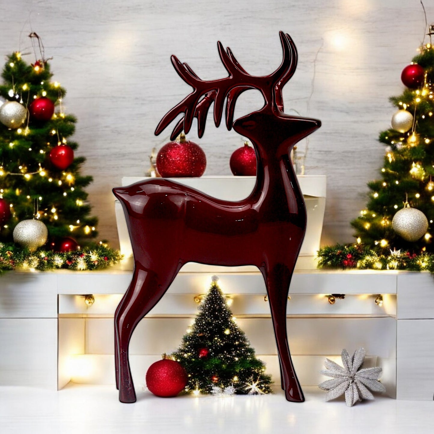 Dark Red Aluminum Long Horn Reindeer – Elegant Christmas Decor | Hind Decor