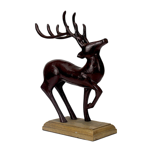 Dark Red Aluminum Long Horn Minimalistic Running Reindeer on Wooden Base – Elegant Christmas Decor | Hind Decor