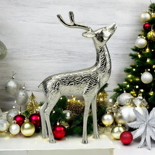 Silver Aluminum Handcrafted Christmas Standing Deer – Elegant Holiday Decor | Hind Decor