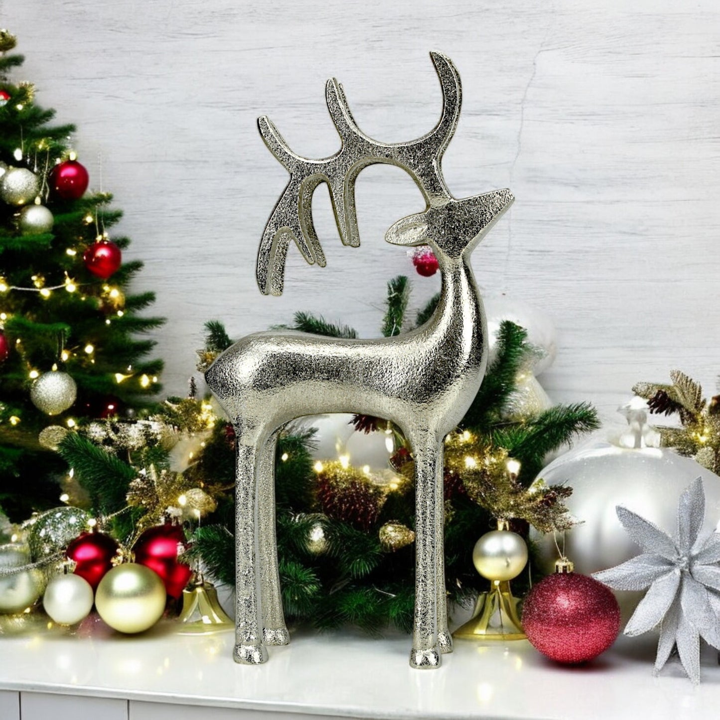 Silver Aluminum Handcrafted Christmas Standing Deer – Elegant Holiday Decor | Hind Decor