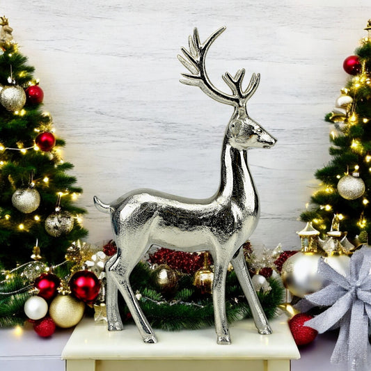 Silver Aluminum Handcrafted Christmas Standing Deer – Elegant Holiday Decor | Hind Decor