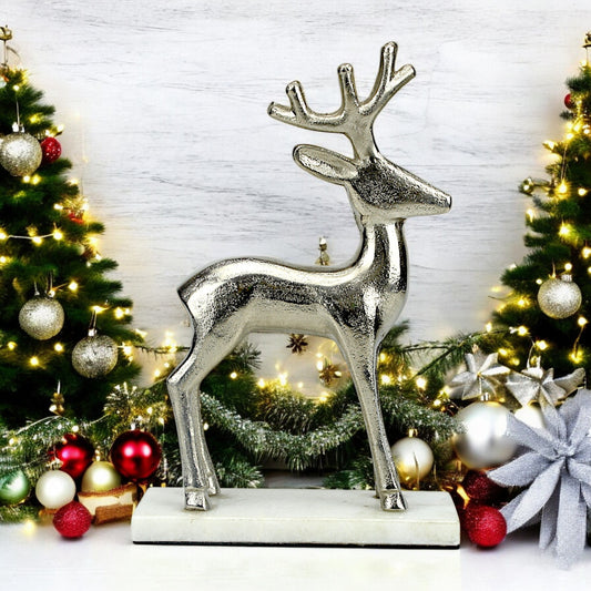 Silver Aluminum Minimalistic Reindeer on Marble Base – Elegant Christmas & Holiday Decor | Hind Decor
