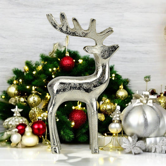 Silver Aluminum Handcrafted Christmas Standing Deer – Elegant Holiday Decor | Hind Decor