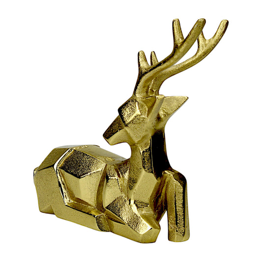 Golden Handcrafted Diamond Cut Design Aluminum Sitting Deer – Elegant Christmas & Holiday Decor | Hind Decor