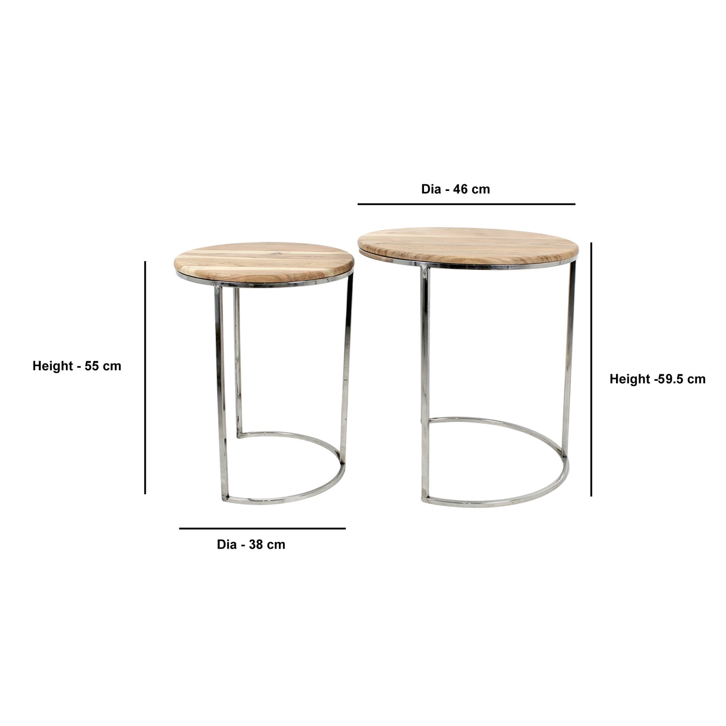 Set of 2 Handcrafted Round Wooden Side Tables with Metal Base