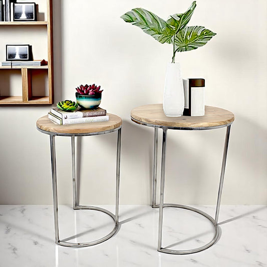 Set of 2 Handcrafted Round Wooden Side Tables with Metal Base