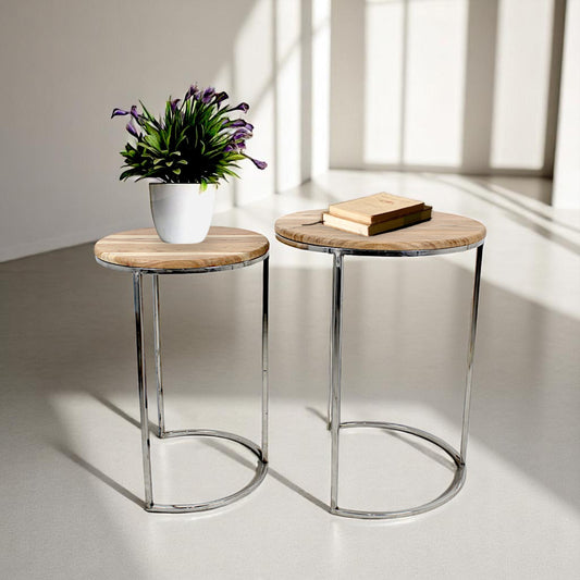 Set of 2 Handcrafted Round Wooden Side Tables with Metal Base