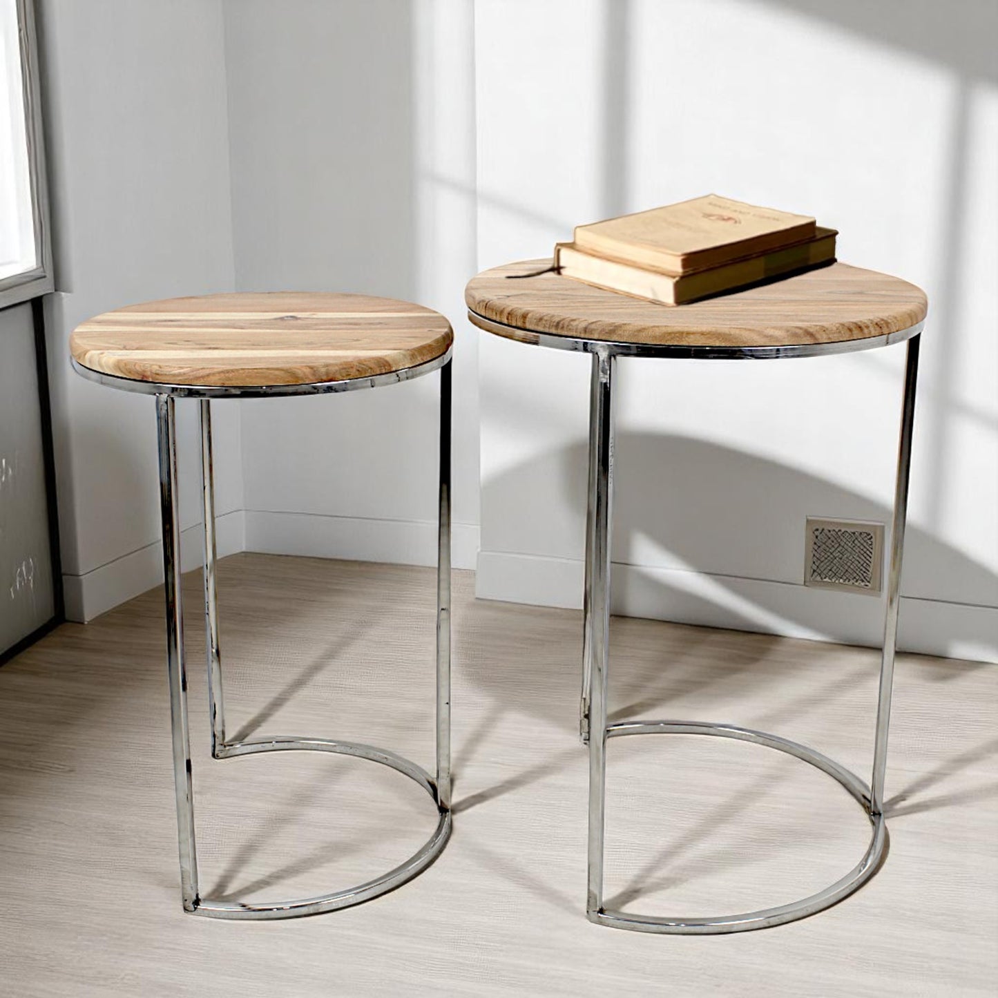 Set of 2 Handcrafted Round Wooden Side Tables with Metal Base