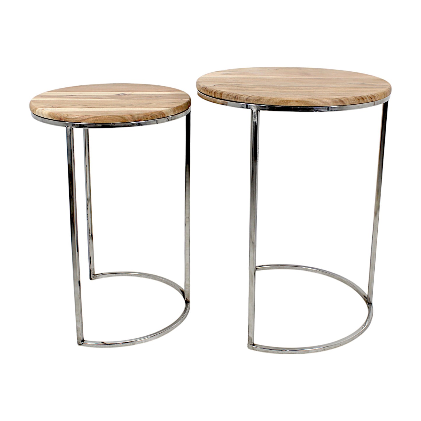 Set of 2 Handcrafted Round Wooden Side Tables with Metal Base