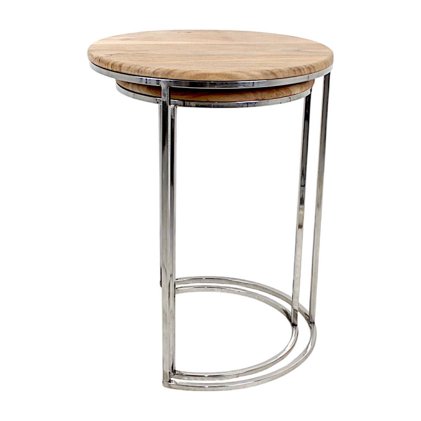 Set of 2 Handcrafted Round Wooden Side Tables with Metal Base