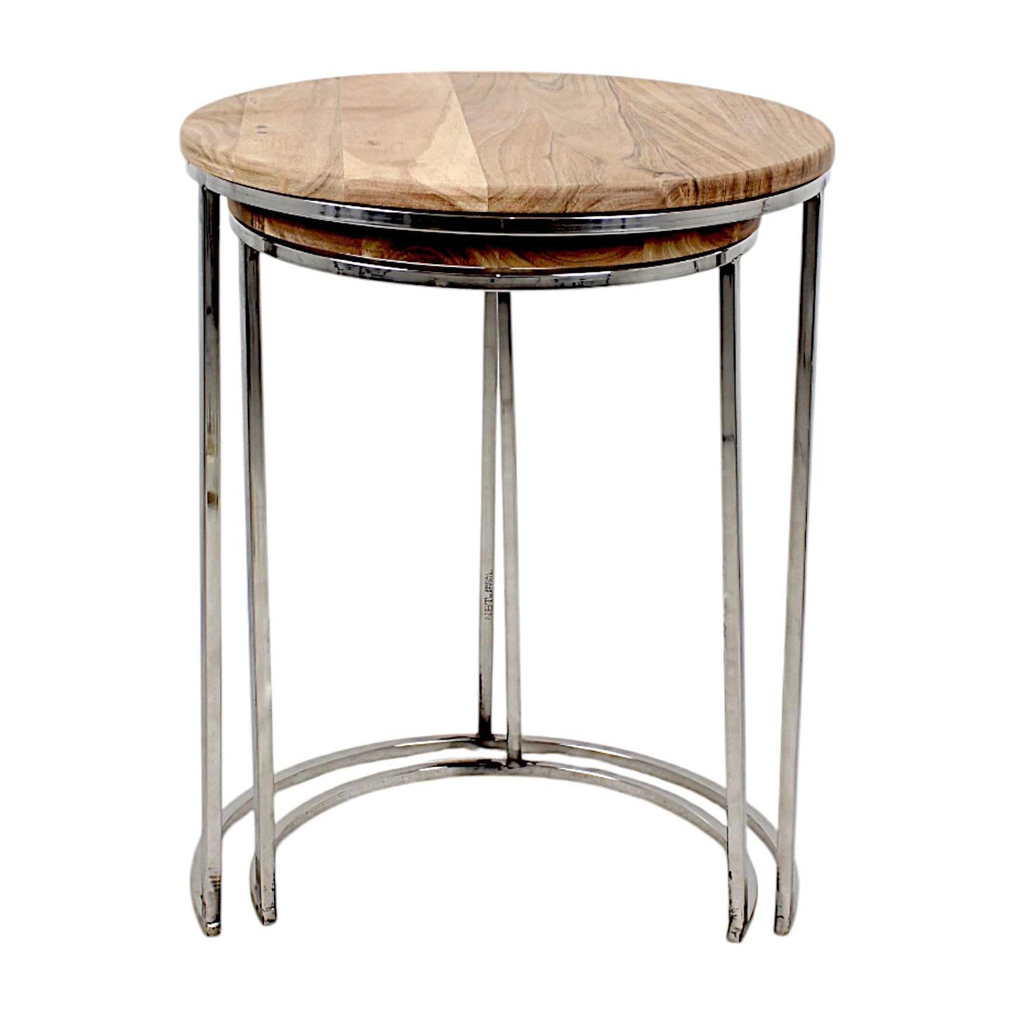 Set of 2 Handcrafted Round Wooden Side Tables with Metal Base