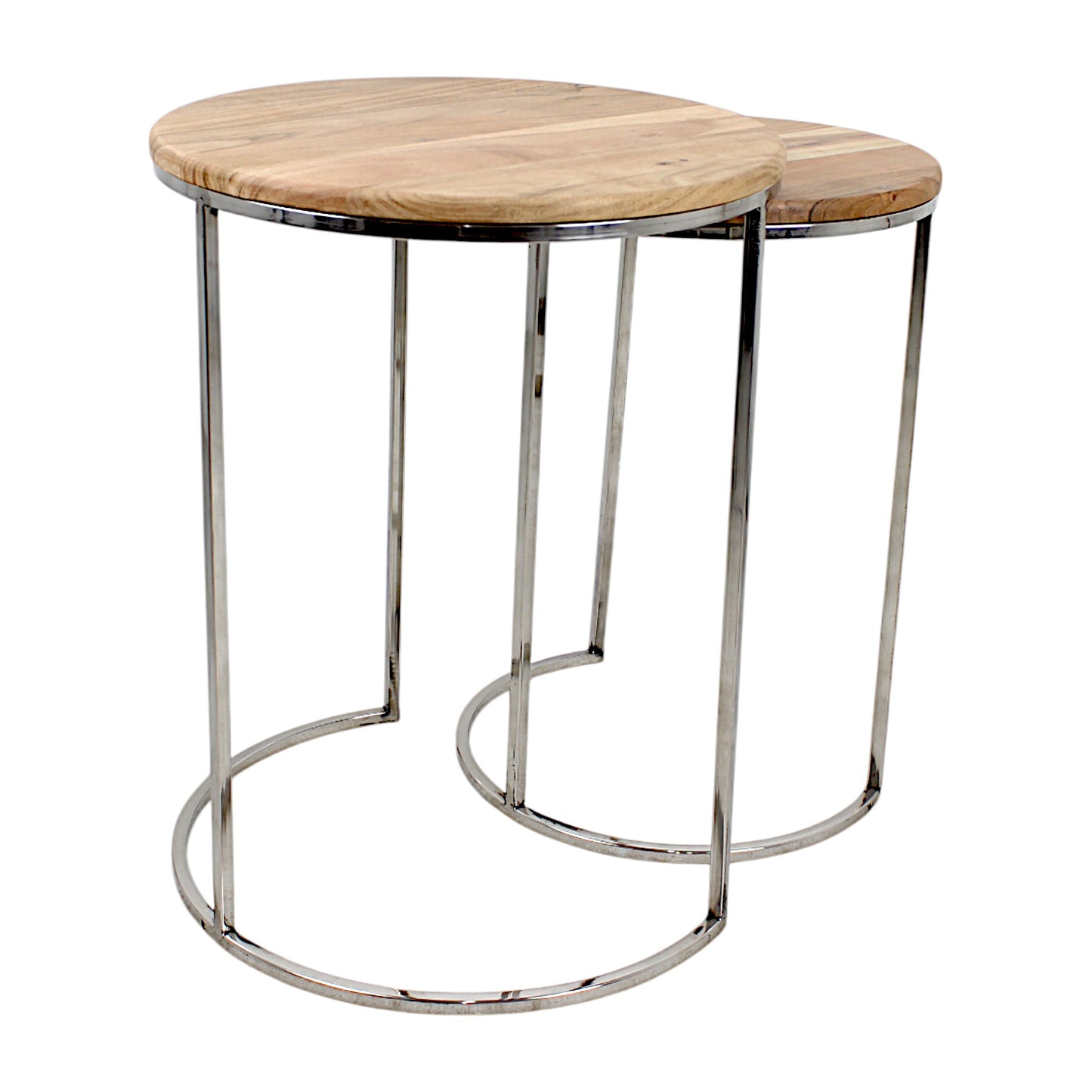 Set of 2 Handcrafted Round Wooden Side Tables with Metal Base