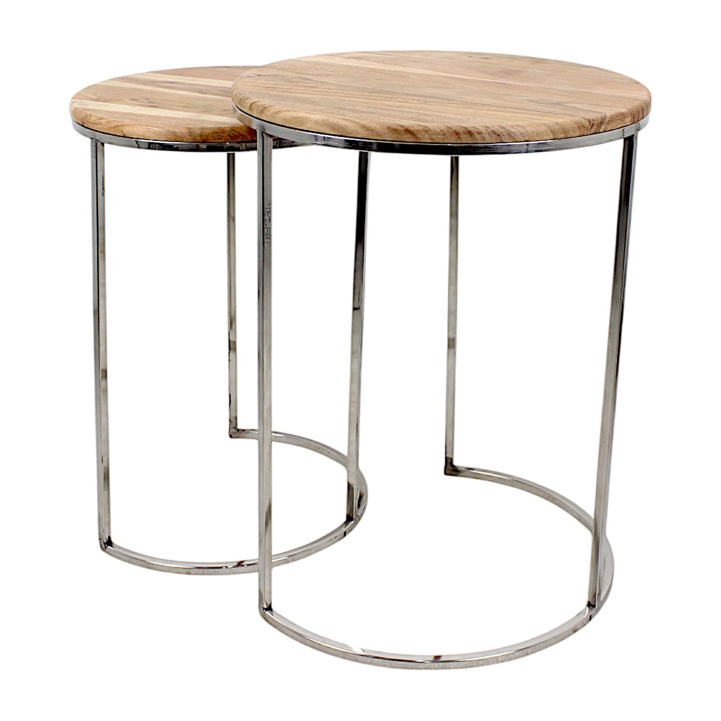 Set of 2 Handcrafted Round Wooden Side Tables with Metal Base