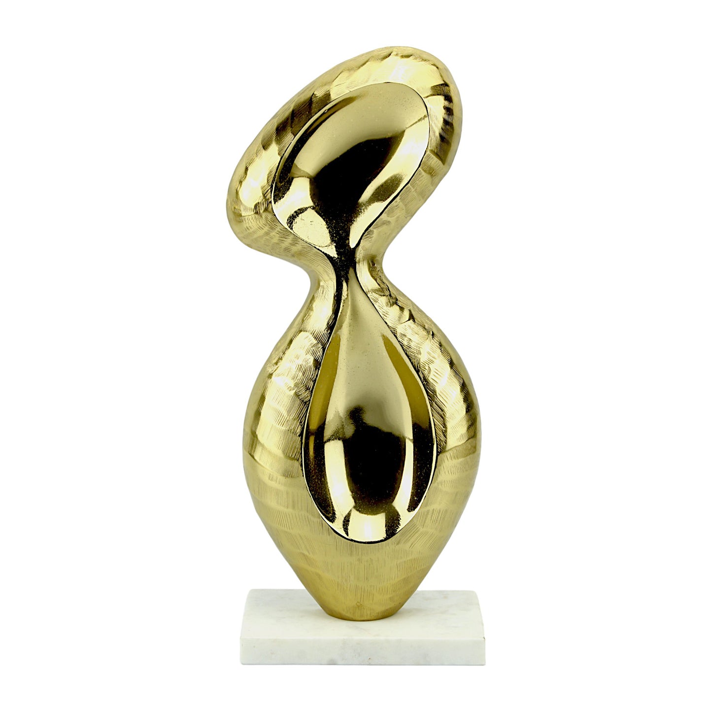 Golden Aluminum Abstract Sculpture: Handcrafted Art on White Marble Base