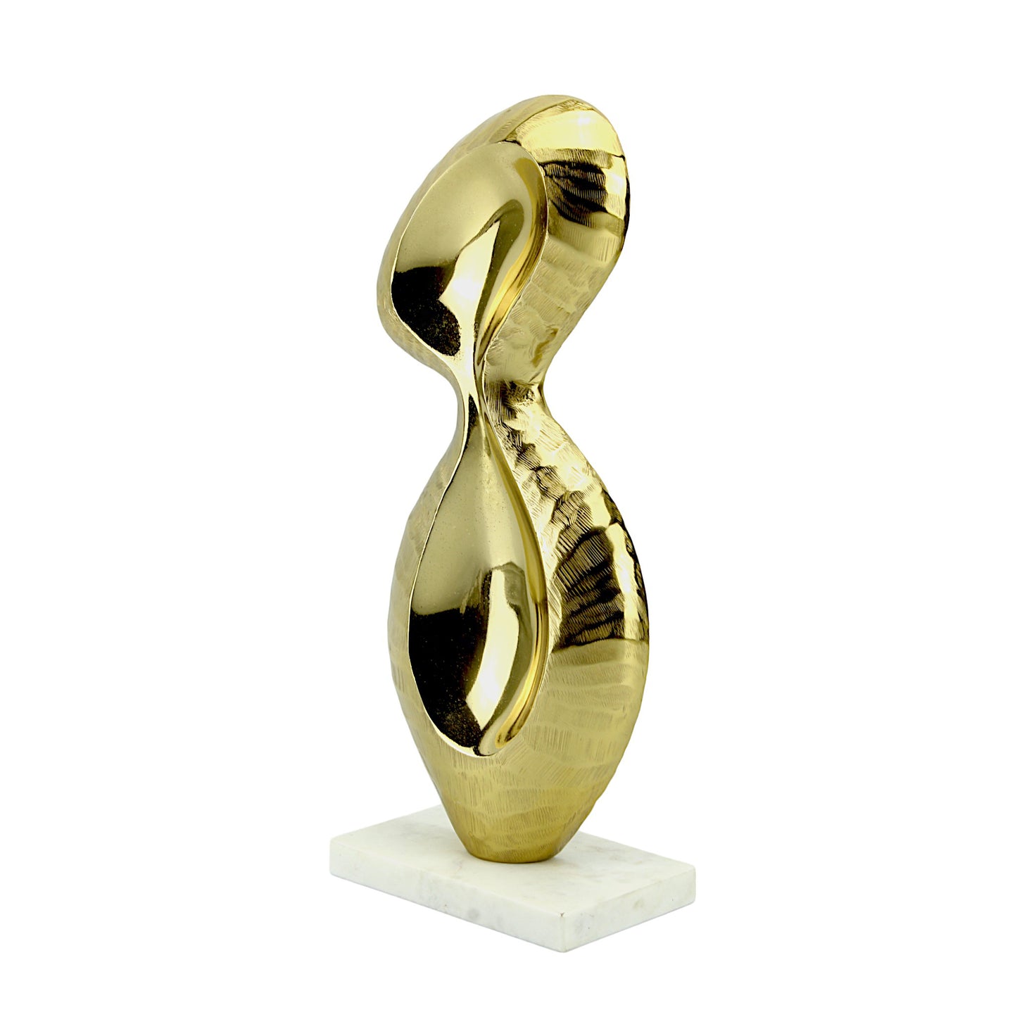 Golden Aluminum Abstract Sculpture: Handcrafted Art on White Marble Base