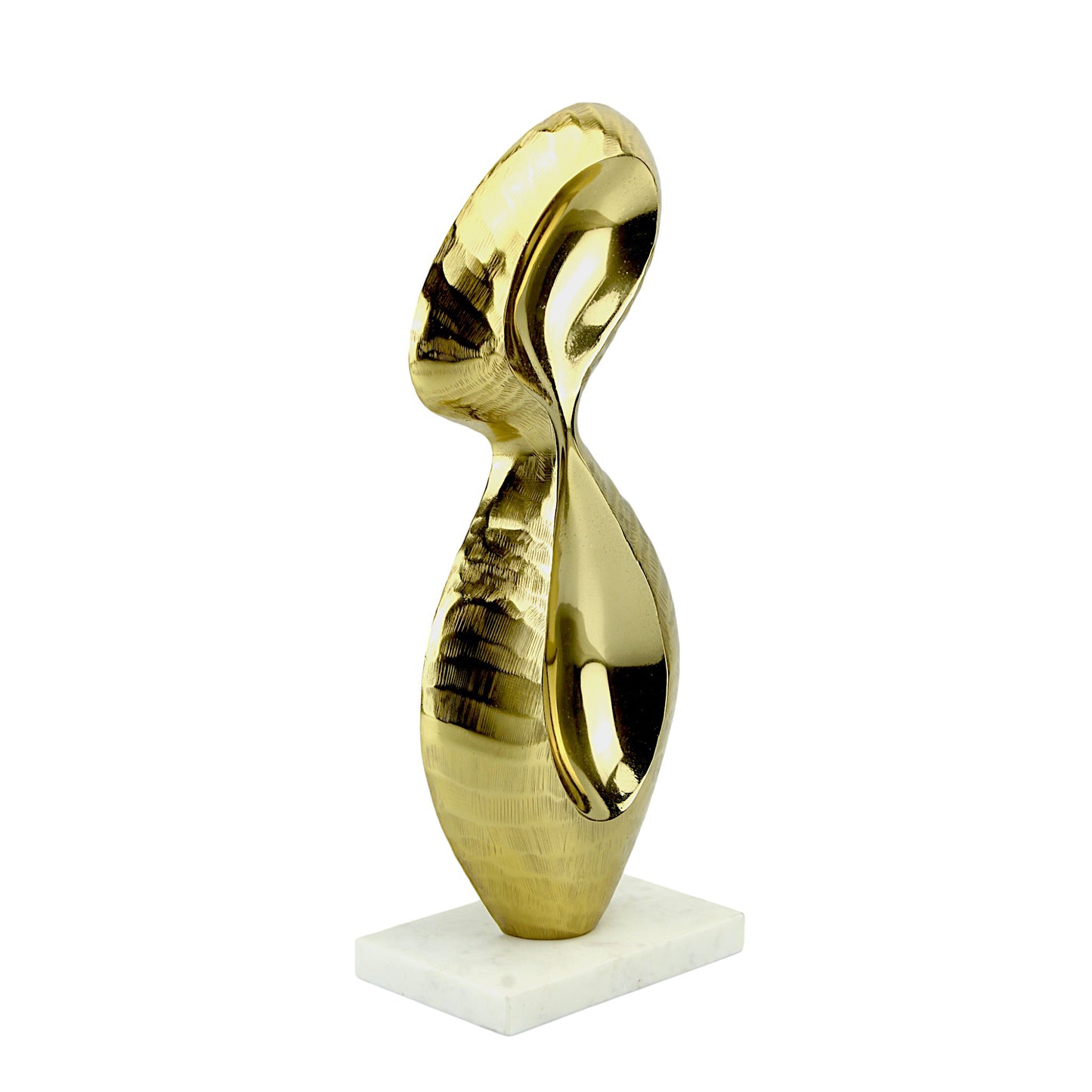 Golden Aluminum Abstract Sculpture: Handcrafted Art on White Marble Base