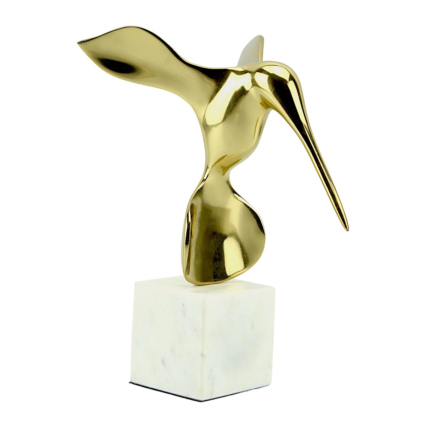 Golden Aluminum Long Beak Bird Sculpture: Handcrafted Avian Elegance on White Marble Base