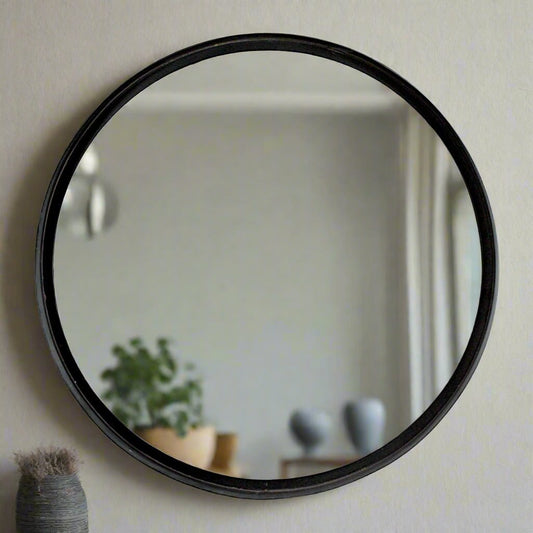 Sleek Round Shape Mirror with Black Metal Frame