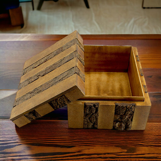 Luxe Rustic Bark-Finish Wooden Trinket Box – Handcrafted Elegance