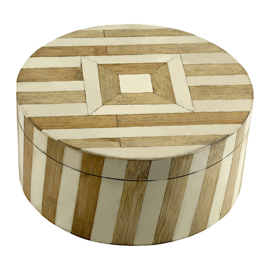 Handcrafted Round Wood and Bone Inlay Striped Trinket Box - Elegant Storage for Treasures