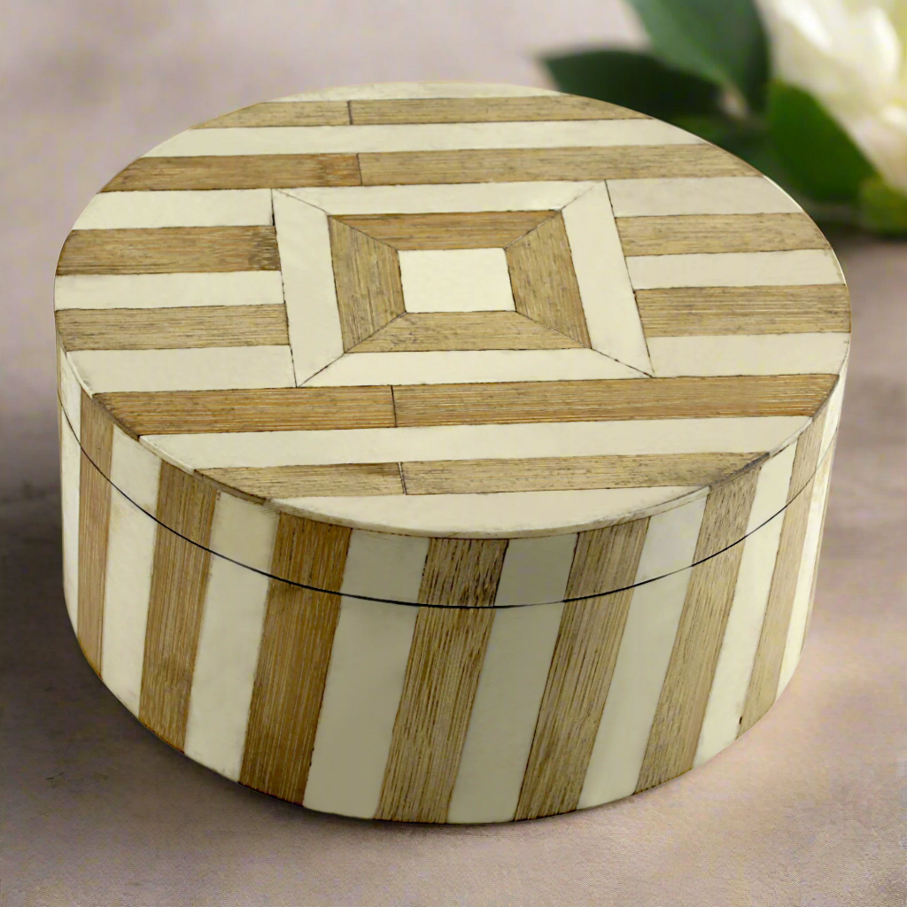 Handcrafted Round Wood and Bone Inlay Striped Trinket Box - Elegant Storage for Treasures