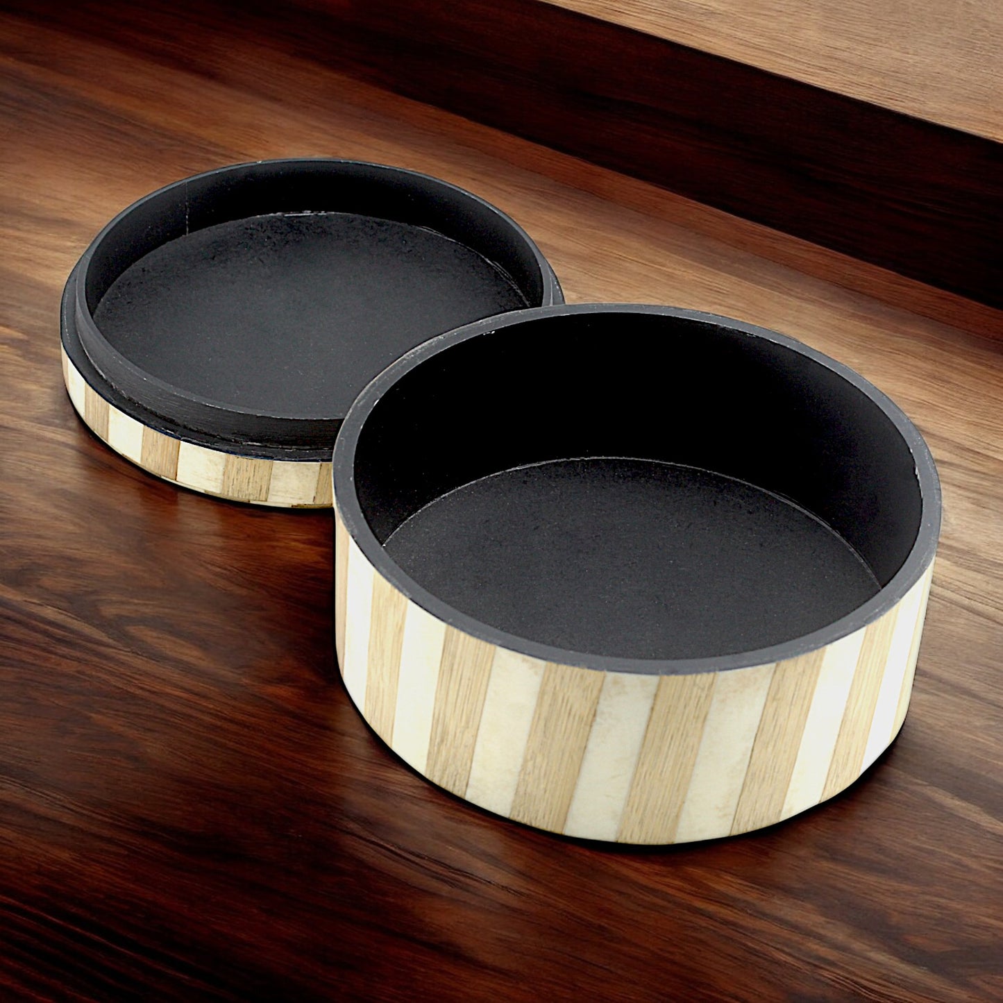 Handcrafted Round Wood and Bone Inlay Striped Trinket Box - Elegant Storage for Treasures