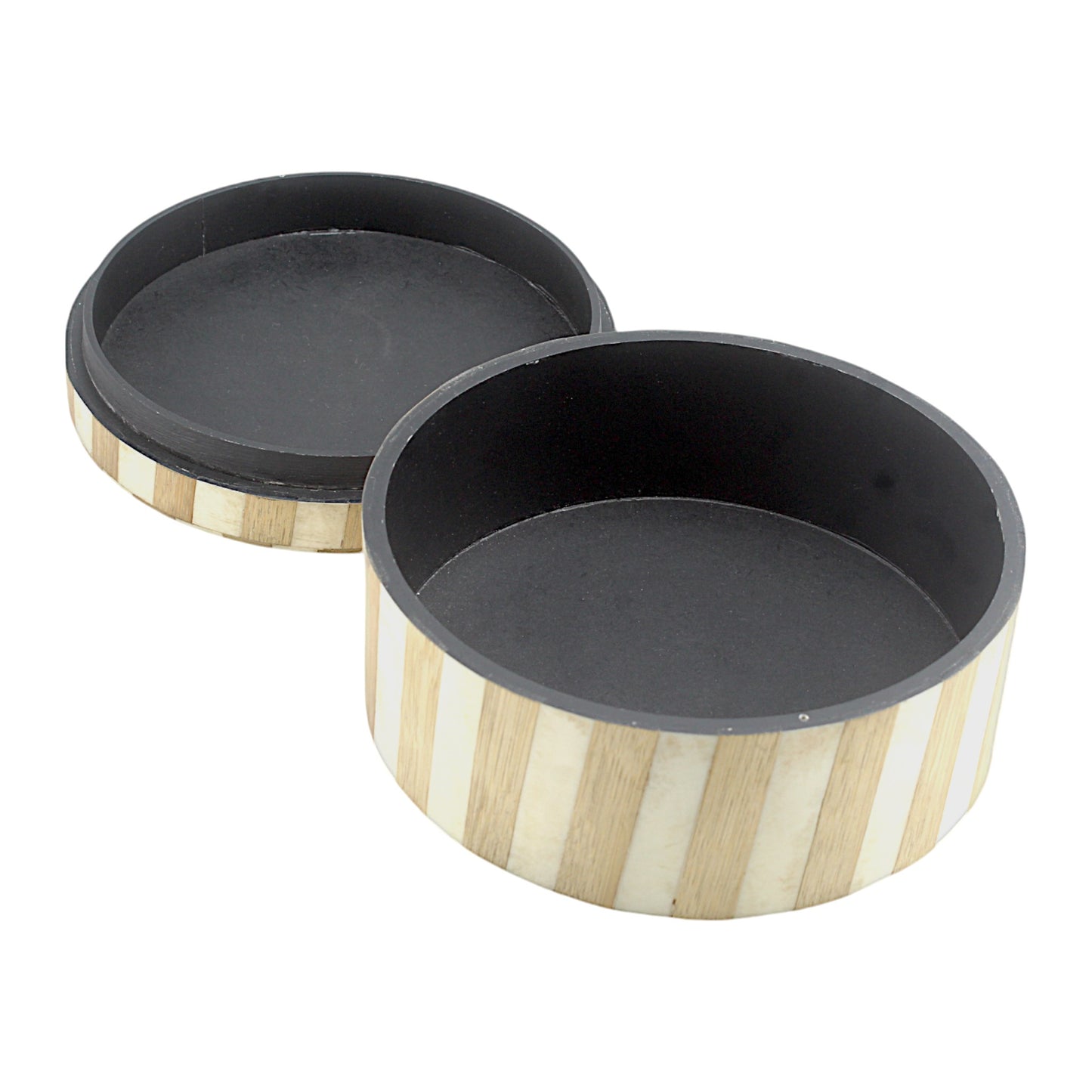Handcrafted Round Wood and Bone Inlay Striped Trinket Box - Elegant Storage for Treasures